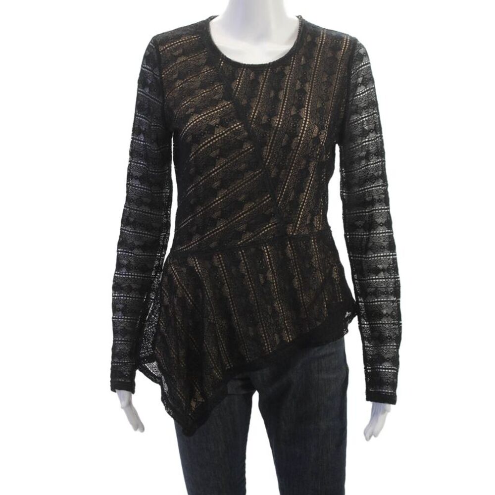 BCBG Max Azria Women Geometric Long Sleeve Blouse Black Size M